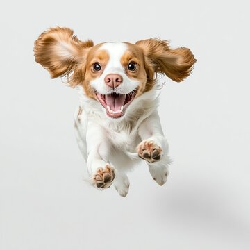 A small, white and brown dog with floppy ears jumps with a happy expression.