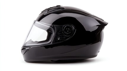 Fototapeta premium Black motorcycle helmet, side view, white isolated background.