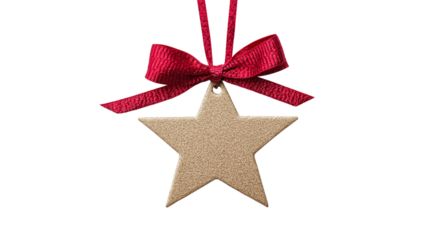 Beige glitter star shaped gift tag with red bow, created with Generative AI technology, PNG