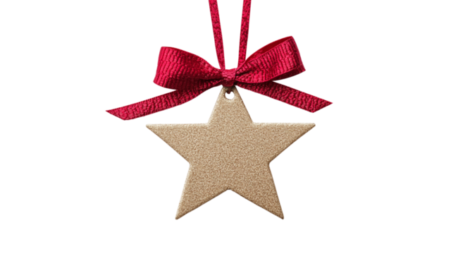 Beige glitter star shaped gift tag with red bow, created with Generative AI technology, PNG
