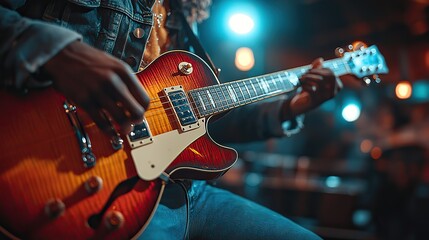 Obraz premium person playing an acoustic guitar, creating peaceful and melodic atmosphere with the focus on the instrument.illustration