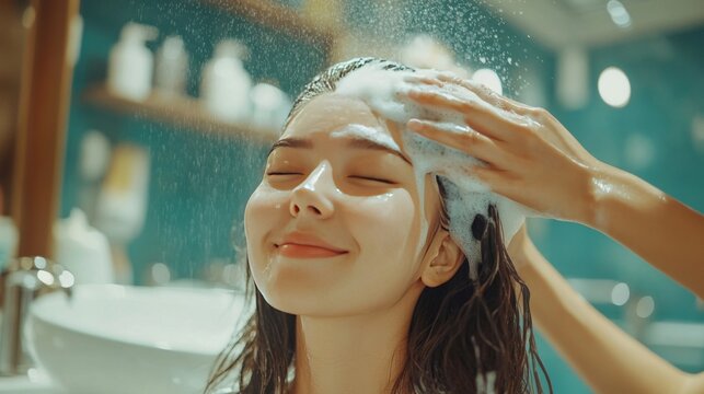 Happy woman at salon getting hair washed.