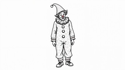 Fototapeta premium Cartoon clown character, cheerful and playful, in a simple outline design over a white background