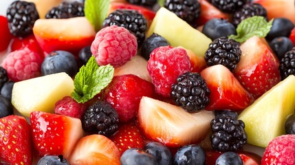 Obraz premium Fresh mixed fruit salad with colorful berries and melons