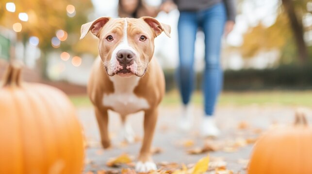 Autumn Stroll with a Pit Bull Celebrating National Pit Bull Awareness Day and Halloween in a Festive Park Setting - Powered by Adobe