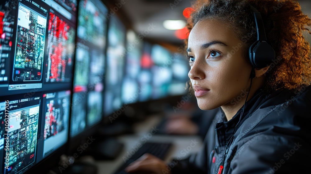 Poster person typing on keyboard in control room, with advanced monitors displaying real-time security information.image