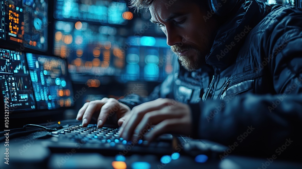 Poster person typing on keyboard in control room, with hands in focus and dark blue color scheme in the bac
