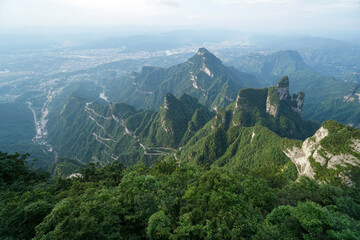High angle view of the dangerous 99 curves at the Tongtian Road to Tianmen Mountain, The Heaven's Gate at Zhangjiagie, Hunan Province, China