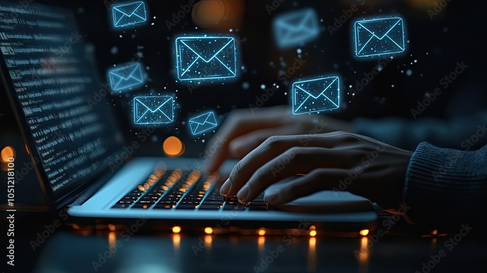 Poster person typing on laptop with multiple floating email icons, illustrating active digital communicatio