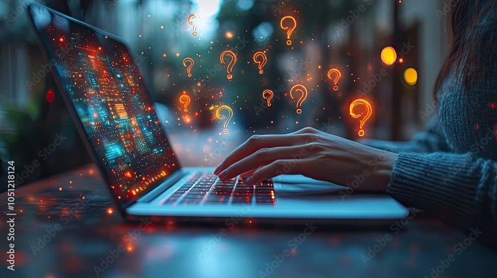 Poster person typing on laptop with question marks floating above, representing web design queries.image
