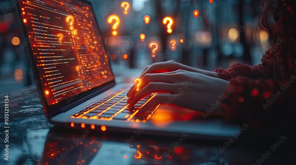 Aufkleber person typing on laptop with question marks floating above, representing web design queries.stock photo