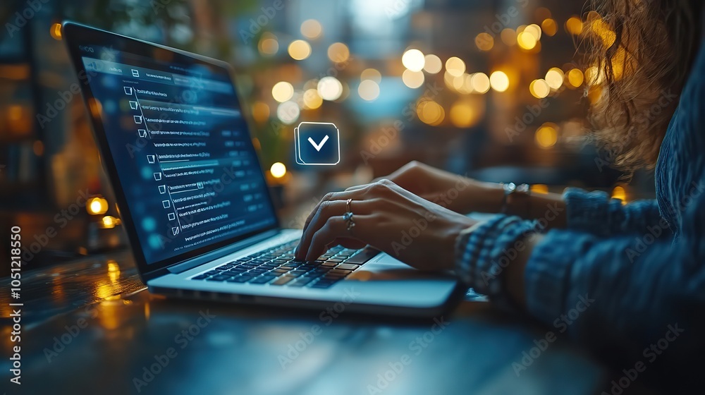 Poster person using laptop with check mark icon floating on the screen while filling out an online form.image