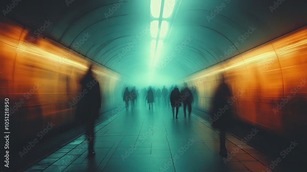 Aufkleber photo capturing people walking through subway station with motion blur, creating dynamic scene.stock