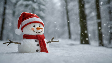 Obraz premium a beautiful Happy snowman wearing Santa hat in snowy season