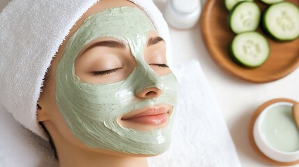 Woman enjoys a rejuvenating facial mask with cucumber slices.