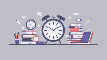 Minimalist flat illustration of students and study tools around an alarm clock, symbolizing time management in the classroom, with books, laptops, and pens, in light purple tones on a grey background