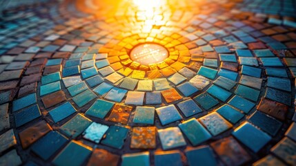 Fototapeta premium Colorful mosaic tile floor with sunlight shining through.