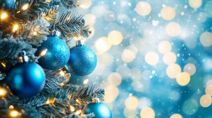 Obraz premium Festive Tree with Blue Ornaments and Bright Lights