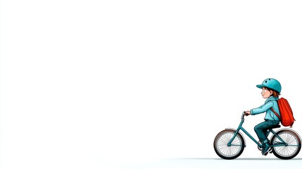 Fototapeta premium Happy Boy Riding Bicycle with Backpack and Helmet on White Background