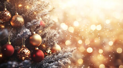 Festive Tree with Gold and Red Ornaments in Bright Light