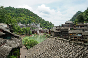 Beautiful view of the ancient city, river and mountains at Fenghuang Ancient Town.