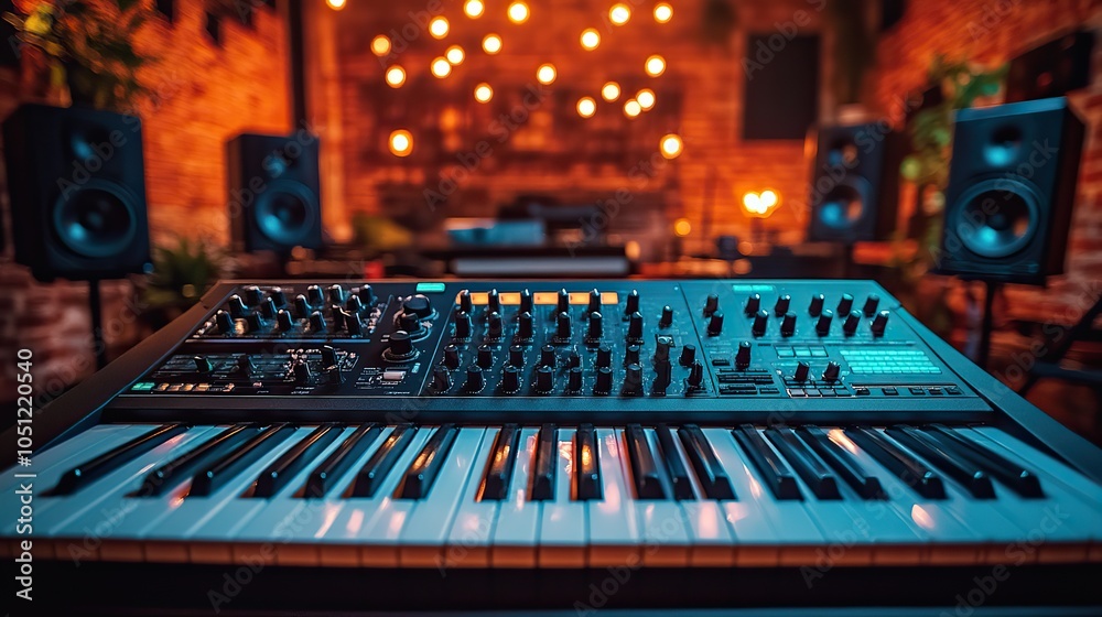 Poster professional music studio equipped with modern recording gear, featuring mix of instruments and digi