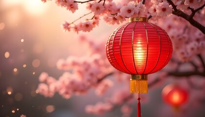 Chinese lanterns and cherry blossom tree in spring