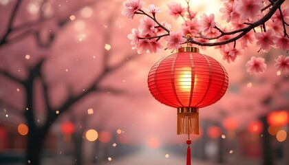 Obraz premium Chinese lanterns with cherry blossom in the city at night.