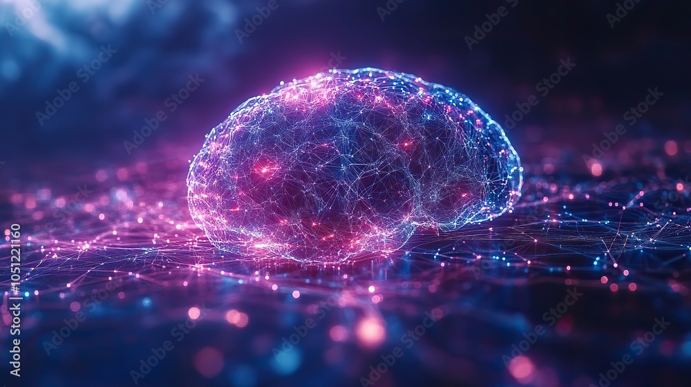 Poster purple background with blue and white lines forming an abstract brain symbolizing AI connectivity.image