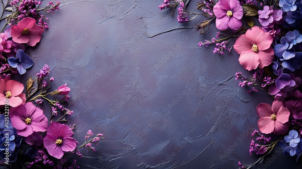 Poster purple background with lace-like floral patterns on one side, adding an elegant touch.