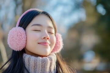 Asian woman wearing pink knitted earmuffs with eyes closed, enjoying fresh air in a park on a sunny day, with soft focus, pastel colors, and morning light for a romantic, natural aesthetic.
