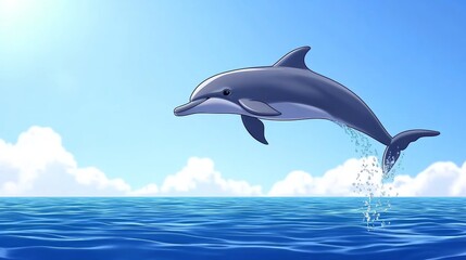 Fototapeta premium Dolphin Leaping from Ocean with Blue Sky and Clouds