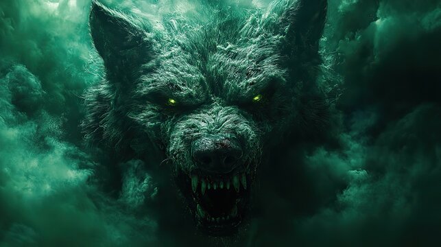 rabid dog with green foam and sharp teeth, ready to attack, symbolizing Halloween zombie themes, perfect for banners with spooky message.