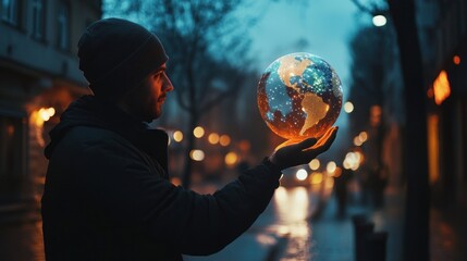Fototapeta premium A man is holding up his phone, and the Earth globe with glowing lights inside it appears in front of him, surrounded by holographic images of buildings and cars on city streets. The scene has an atmos