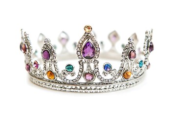 A decorative silver crown adorned with colorful gemstones and intricate designs.