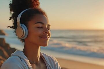Woman with headphones meditating at sunset on a serene beach, enjoying music and relaxation by the sea on a warm summer day with professional color grading and soft shadows
