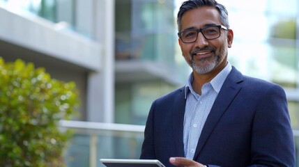 Fototapeta premium Focused successful mature Indian or Latin entrepreneur businessman holding digital pc tablet standing outdoor at business office building. Hispanic smiling man in suit working using touchpad computer