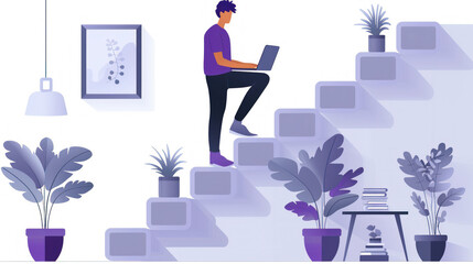 Man Climbing Career Steps with Laptop in Modern Workspace
