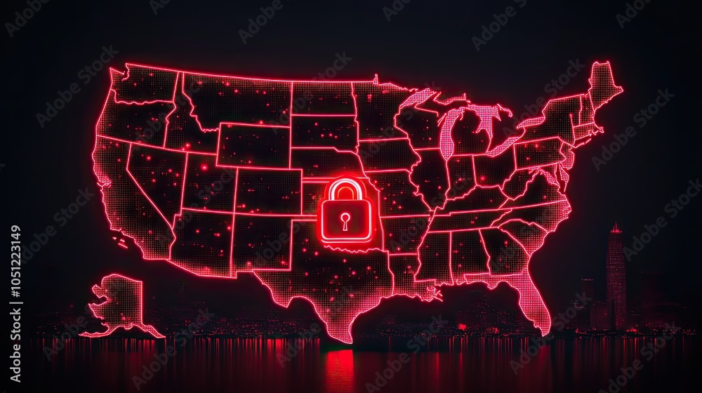 Poster red light outline of the united states with an american flag and glowing padlock representing securi