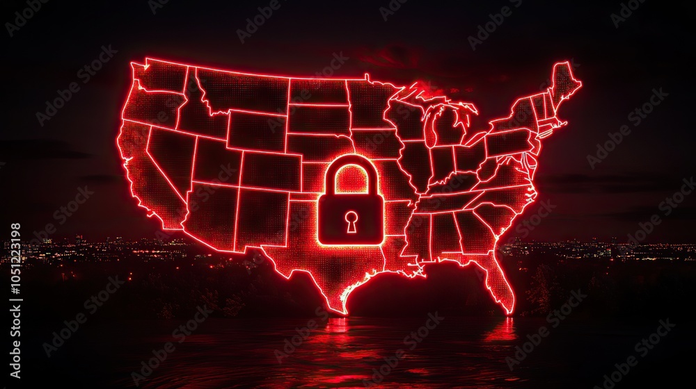 Poster red light outline of the United States with an American flag and glowing padlock representing security.image