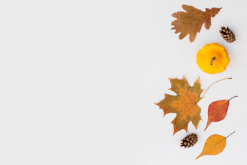 Autumn holiday frame composition with pattern made of leaf, punpkins, dried orange, pine cone on...