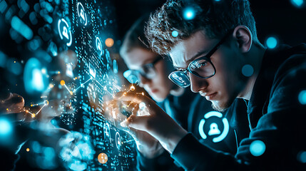 group of hackers focused on breaking through glowing digital interface, showcasing their intense concentration and technical skills. atmosphere is charged with innovation and excitement