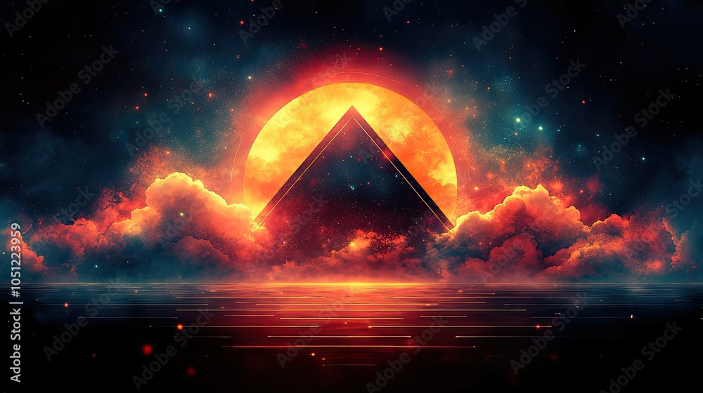 Aufkleber retro 80s-style poster design featuring neon geometric shapes on black background, with vibrant colors for dynamic effect.image