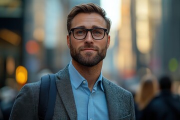 Obraz premium Confident man in a suit, glasses, standing in a busy city street, smile.