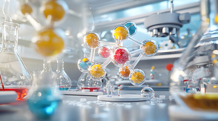 vibrant molecular compound is being synthesized in modern laboratory, showcasing colorful atoms and intricate glassware. scene captures essence of scientific discovery and innovation