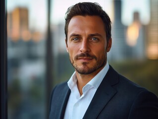 Naklejka premium Confident man in a suit with cityscape background, professional portrait.