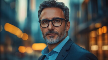 Fototapeta premium Confident man in a suit with glasses, urban setting, professional portrait.