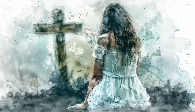 Artistic illustration of a woman in a white dress by a wooden cross in a tranquil, misty setting. Religious and spiritual concepts.