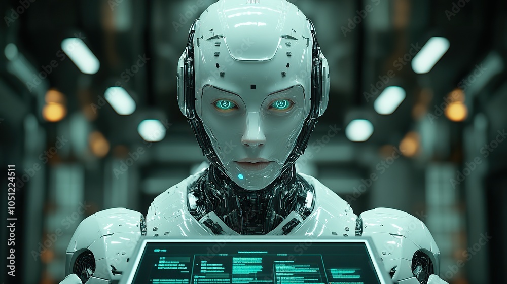 Poster robot AI head observing virtual dashboard from above podium, symbolizing supercomputing.image