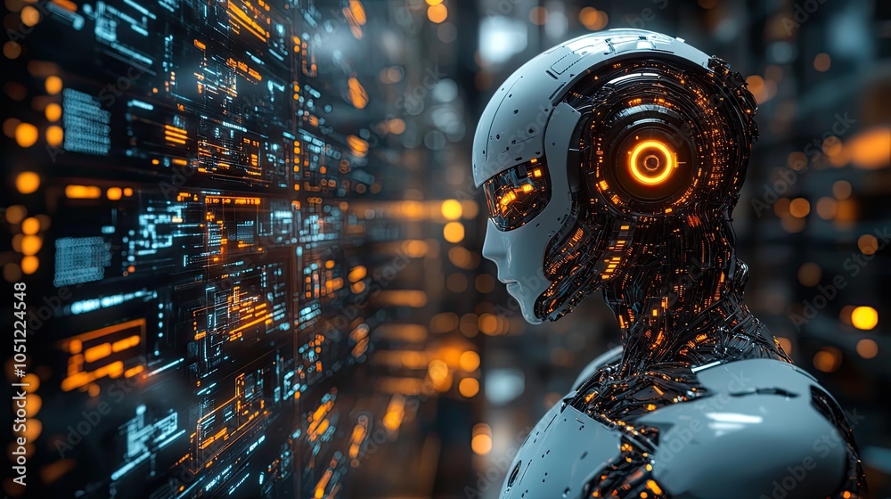Aufkleber robot AI head observing virtual dashboard from above podium, symbolizing supercomputing.stock photo